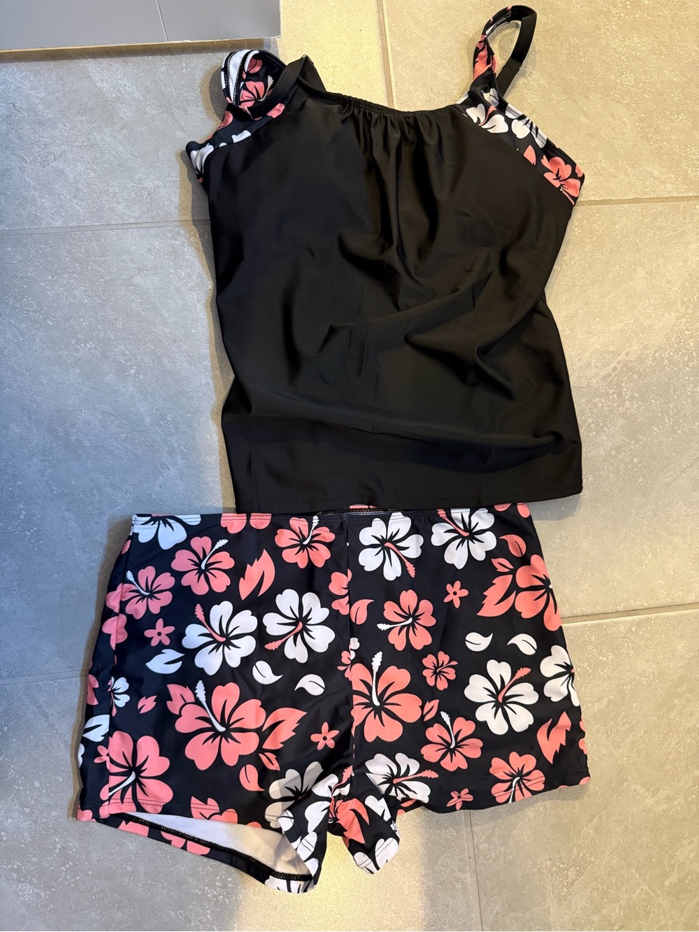 SHEIN Black Tankini Top with Pink & White Floral Bike Shorts